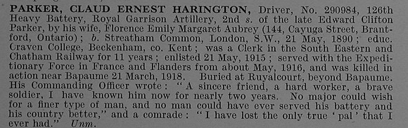 Parker C E H Dvr 290984 Royal Garrison Artillery Obit De Ruvignys Roll Of Honour Vol 4