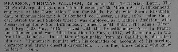 Pearson T W Rfn 201433 5th The King's (Liverpool Regiment) Obit De Ruvignys Roll Of Honour Vol 4