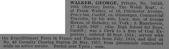 Walker G Pte 56540 16th Welsh Regiment Obit De Ruvignys Roll Of Honour Vol 4