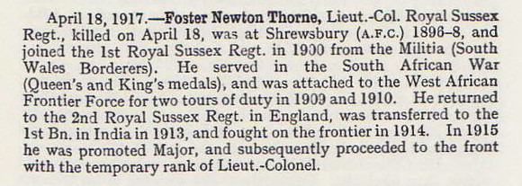 Thorne F N Lt Col 1st Attd 6th The Loyal North Lancashire Regiment Obituary Shrewsbury School Roll Of Service 1914-1918 1921