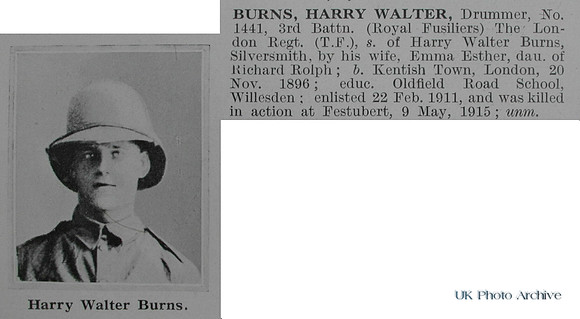 Burns H W Drummer 1441 3rd London Regiment (Royal Fusiliers) Obituary De Ruvignys Roll Of Honour Vol 1