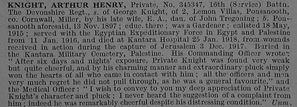 Knight A H Pte 345347 16th Devonshire Regiment Obit De Ruvignys Roll Of Honour Vol 4