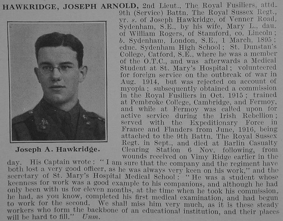 Hawkridge J A 2nd Lt 15th Royal Fusiliers Attd 9th Royal Sussex Regiment Obit De Ruvignys Roll Of Honour Vol 3