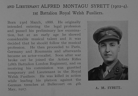 Syrett A M 2nd Lt 1st Royal Welsh Fusiliers Obit Dulwich College Roll Of Honour