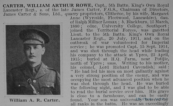 Carter W A R Captain 5th Kings Own Royal Lancaster Regiment Obituary Part 1 De Ruvignys Roll Of Honour Vol 1