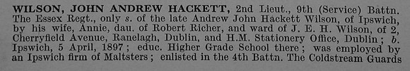 Wilson J A H 2nd Lt 9th Essex Regiment Obit Part 1 De Ruvignys Roll Of Honour Vol 4