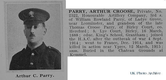 Parry A C Pte 2322 Honourable Artillery Company Obit De Ruvignys Roll Of Honour Vol 1