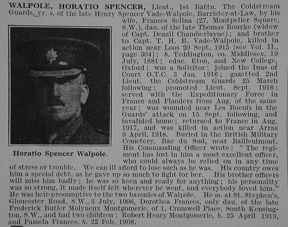 Walpole H S Lt 1st Coldstream Guards Obit De Ruvignys Roll Of Honour Vol 3
