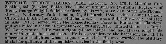 Weight G H L/Cpl MM 17991 6th Wiltshire Regiment Obit De Ruvignys Roll Of Honour Vol 4