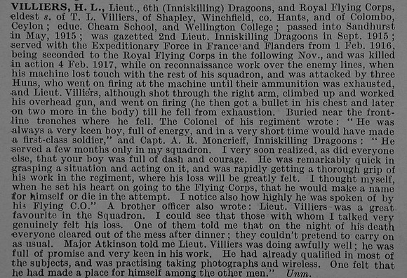 Villiers H L Lt 6th (Inniskilling) Dragoons Attd Royal Flying Corps Obit De Ruvignys Roll Of Honour Vol 4