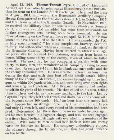 Pryce T T Captain VC MC + Bar 4th Grenadier Guards Obituary Shrewsbury School Roll Of Service 1914-1918 1921