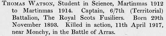Watson T Captain 7th Royal Scots Fusiliers Obit St Andrews University Roll Of Honour