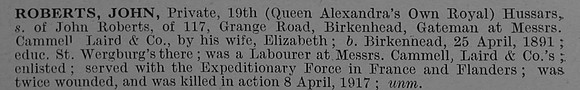 Roberts J Pte 8314 19th (Queen Alexandra's Own Royal) Hussars Short Obit De Ruvignys Roll Of Honour Vol 4