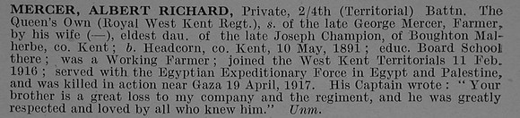 Mercer A R Pte 201291 4th Queen's Own (Royal West Kent Regiment) Obit De Ruvignys Roll Of Honour Vol 4