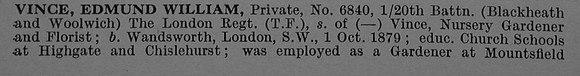 Vince E W Pte 6840 20th London Regiment Obit Part 1 De Ruvignys Roll Of Honour Vol 4