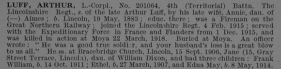 Luff A L/Cpl 201064 4th Lincolnshire Regiment Obit De Ruvignys Roll Of Honour Vol 4