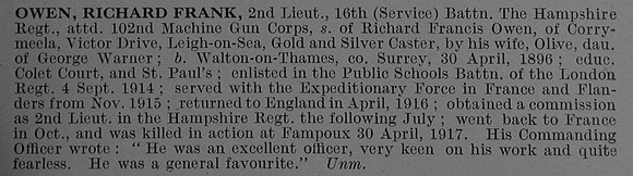 Owen R F 2nd Lt 16th Hampshire Regiment Obit De Ruvignys Roll Of Honour Vol 4
