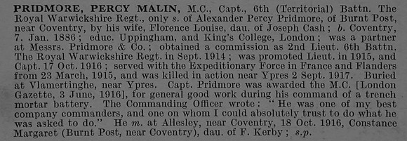 Pridmore P M Captain MC 6th Royal Warwickshire Regiment Obit De Ruvignys Roll Of Honour Vol 4