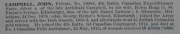 Campbell J Pte 19984 4th Canadian Infantry Obituary De Ruvignys Roll Of Honour Vol 1