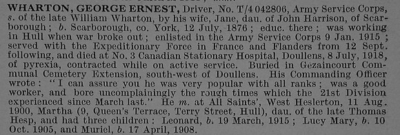 Wharton G E Dvr T/4042806 Army Service Corps Obit De Ruvignys Roll Of Honour Vol 4