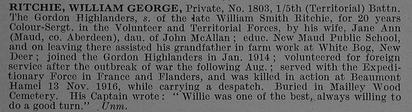 Ritchie W G Pte 1803 5th Gordon Highlanders Obit De Ruvignys Roll Of Honour Vol 4