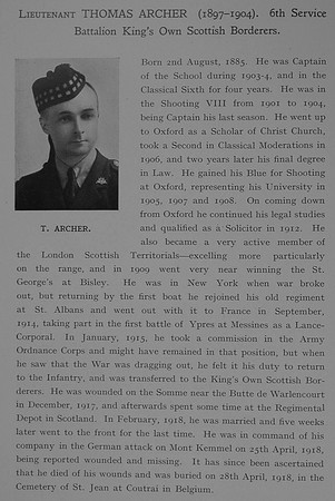 Archer T Lt 6th Kings Own Scottish Borderers Obit Dulwich College Roll Of Honour
