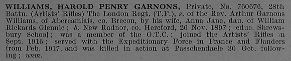 Williams H P G Pte 760676 28th London Regiment Obit De Ruvignys Roll Of Honour Vol 4