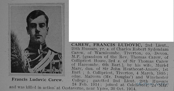 Carew F L 2nd Lt 20th Hussars Obituary De Ruvignys Roll Of Honour Vol 1