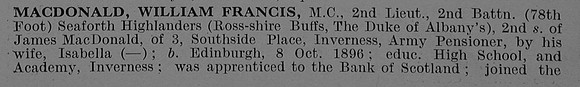 MacDonald W F 2nd Lt MC 2nd Seaforth Highlanders Obit Part 1 De Ruvignys Roll Of Honour Vol 5