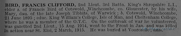 Bird F C 2nd Lt 3rd King's Shropshire Light Infantry Obituary De Ruvignys Roll Of Honour Vol 1