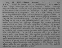 Ackroyd H Captain VC MC Royal Army Medical Corps Obit Shrewsbury School Roll Of Service
