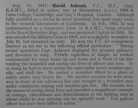 Ackroyd H Captain VC MC Royal Army Medical Corps Obit Shrewsbury School Roll Of Service