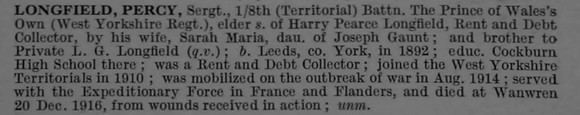 Longfield P Sergt 1687 8th West Yorkshire Regiment (Prince of Wales's Own) Obit De Ruvignys Roll Of Honour Vol 4