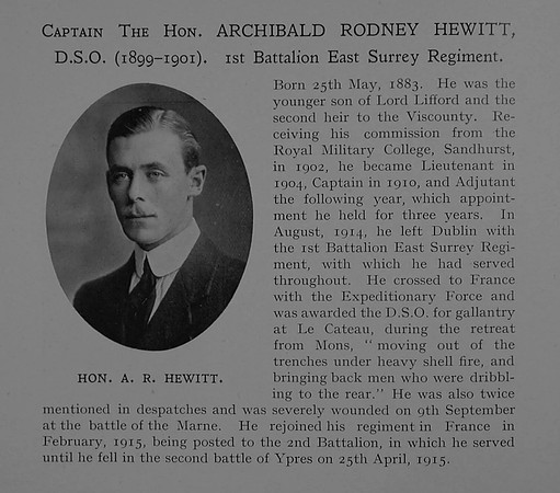 Hewitt A R Captain The Hon DSO 1st East Surrey Regiment Obit Dulwuch College Roll Of Honour