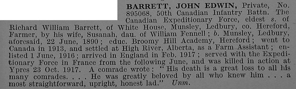 Barrett J E Pte 895068 50th Canadian Infantry Obit De Ruvingys Roll Of Honour Vol 4