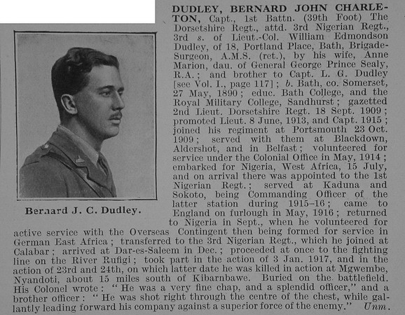 Dudley B J C Captain 1st Dorset Regiment Obit De Ruvignys Roll Of Honour Vol 3