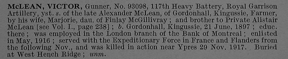 McLean V Gnr 93098 Royal Garrison Artillery Obit De Ruvignys Roll Of Honour Vol 4