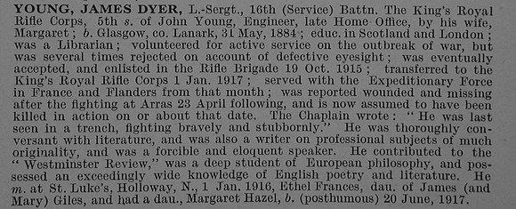 Young J D L/Sergt R/36188 16th King's Royal Rifle Corps Obit De Ruvignys Roll Of Honour Vol 4