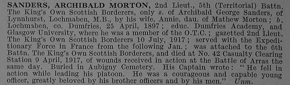 Sanders A M 2nd Lt 5th Kings Own Scottish Borderers Obit De Ruvignys Roll Of Honour Vol 4