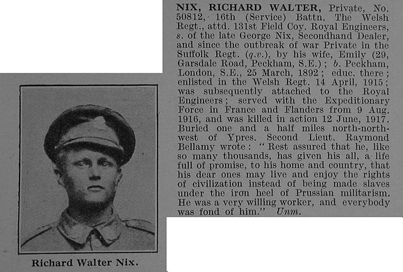 Nix R W Pte 50812 16th Welsh Regiment Attd Royal Engineers Obit De Ruvignys Roll Of Honour Vol 4