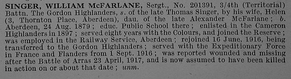 Singer W F Sergt 201391 4th Gordon Highlanders Obit De Ruvignys Roll Of Honour Vol 4