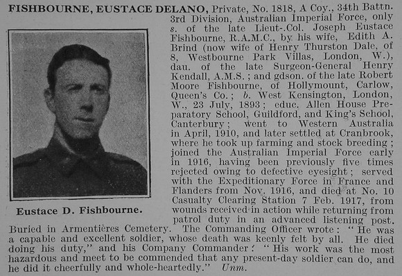 Fishbourne E D Pte 34th Australian Imperial Force Obit De Ruvignys Roll Of Honour Vol 3
