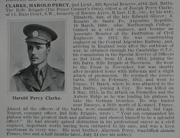 Clarke H P 2nd Lt The Rifle Brigade Obit De Ruvignys Roll Of Honour Vol 1