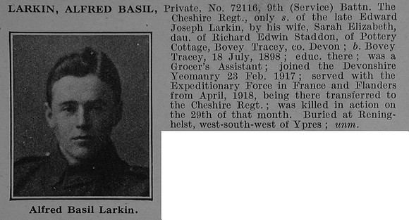 Larkin A B Pte 72116 9th Cheshire Regiment Obit De Ruvignys Roll Of Honour Vol 4