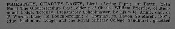 Priestley C L Lt 1st Gloucestershire Regiment Obit Part 1 De Ruvignys Roll Of Honour Vol 4