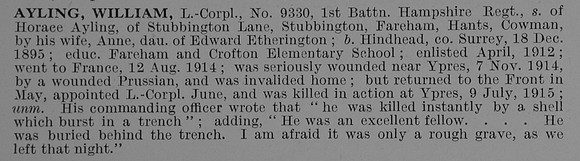 Ayling W L/Cpl 9330 1st Hampshire Regiment Obit
