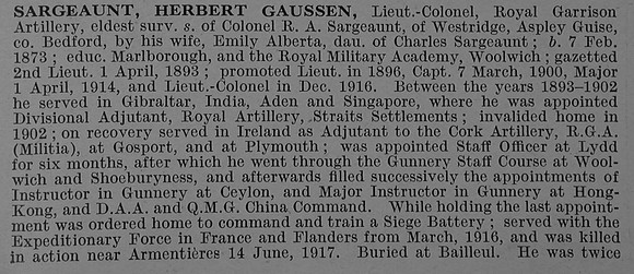 Sargeaunt H G Lt Col Royal Garrison Artillery Obit Part 1 De Ruvignys Roll Of Honour Vol 4