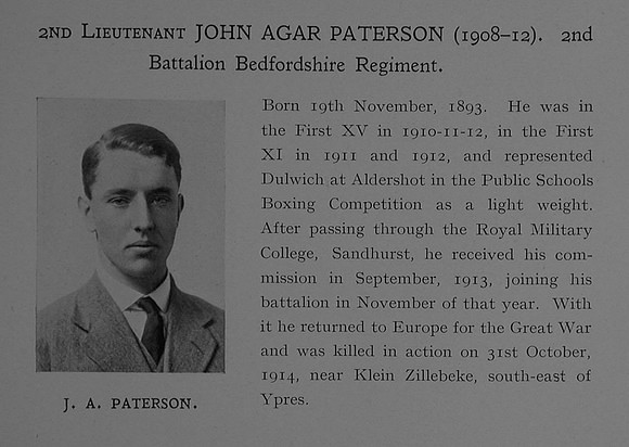 Paterson J A 2nd Lt 2nd Bedfordshire Regiment Obit Dulwich College Roll Of Honour