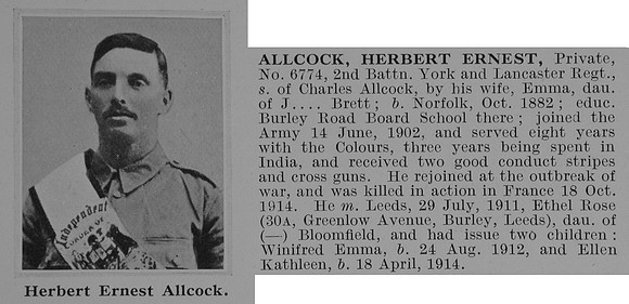 Allcock H E Pte 6774 2nd York And Lancs Regiment Obit