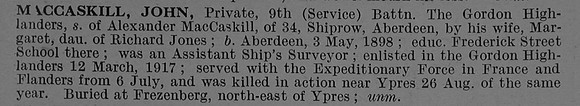MacCaskill J Pte S/17275 9th Gordon Highlanders Obit De Ruvignys Roll Of Honour Vol 4